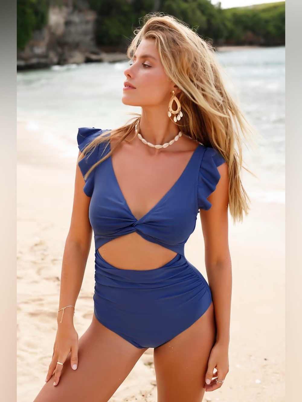 Cupshe Blue Ruffle Sleeve Twist Cutout One-Piece Swimsuit